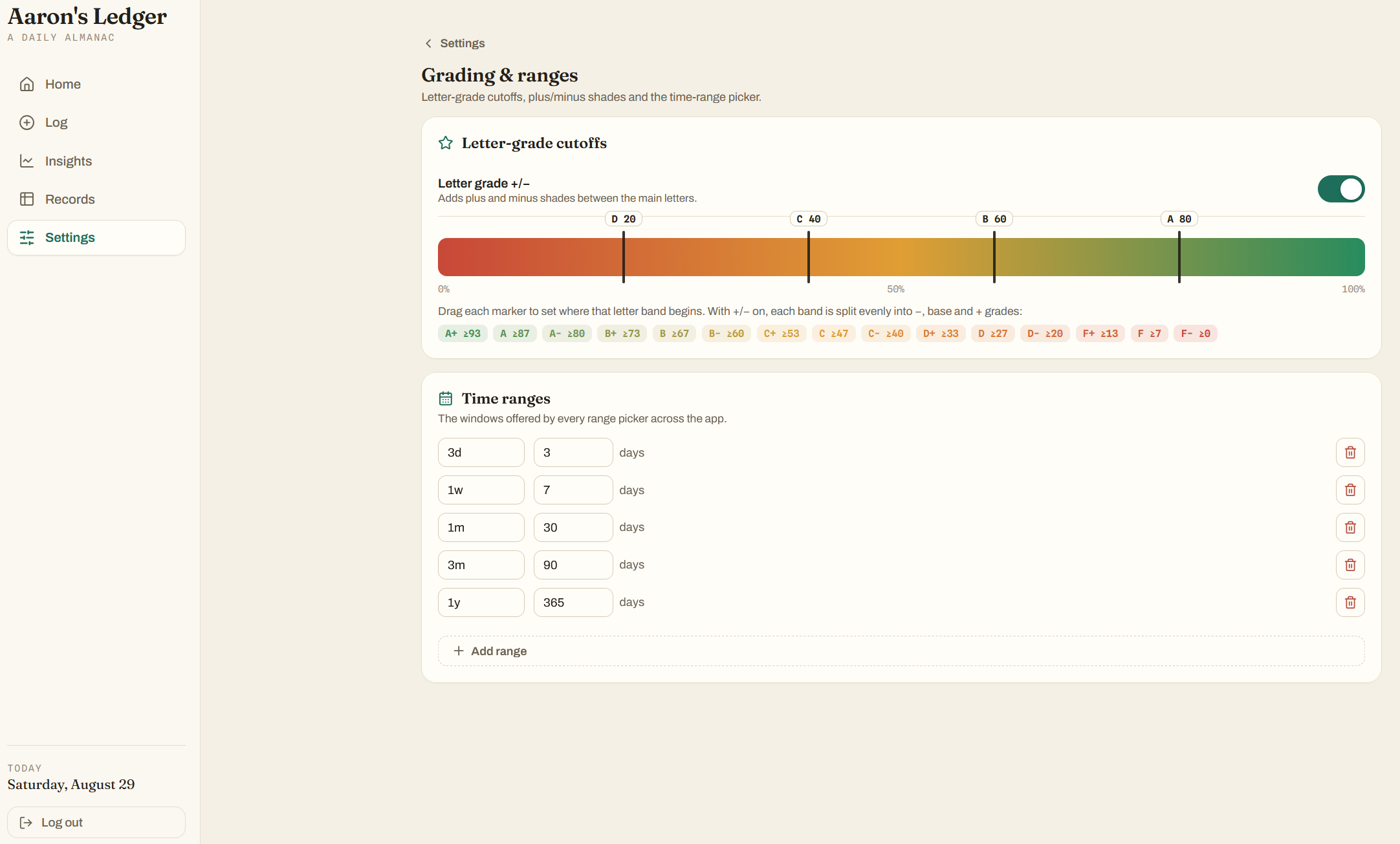 Letter grade settings